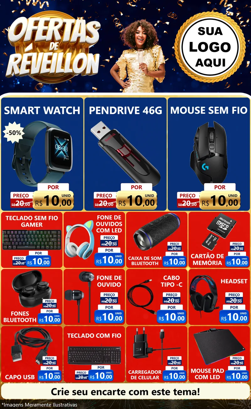 Modelo de Encarte para Encarte Grande com o tema Ofertas de Réveillon para Informática