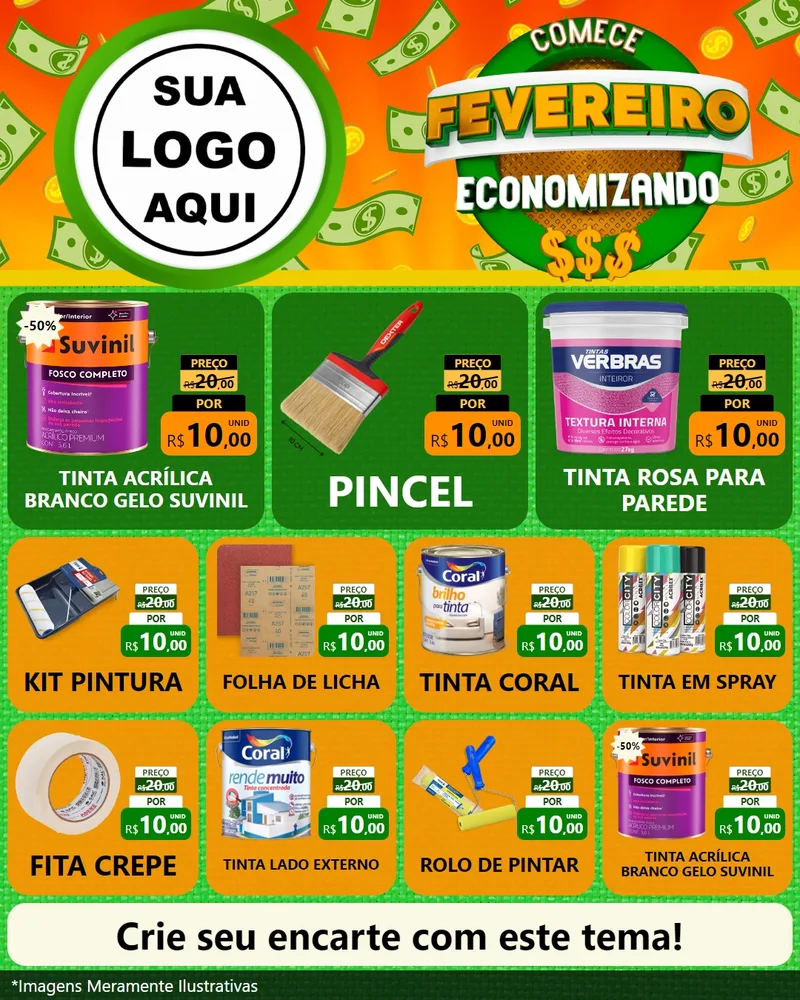 Modelo de Rede Social para Feed Instagram com o tema Comece Fevereiro Economizando para Tintas e Ferramentas