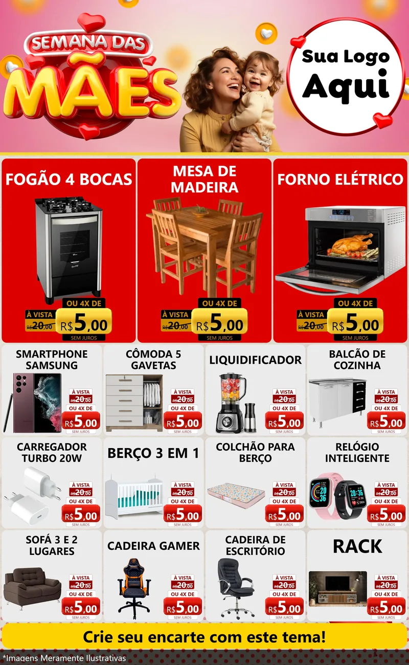 Modelo de Encarte para Encarte Grande com o tema Semana das Mães para Móveis e Eletro