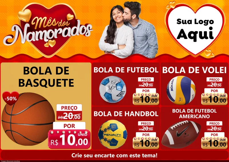 Modelo de Encarte para Encarte A4 Horizontal com o tema Mês dos Namorados para Artigos Esportivos