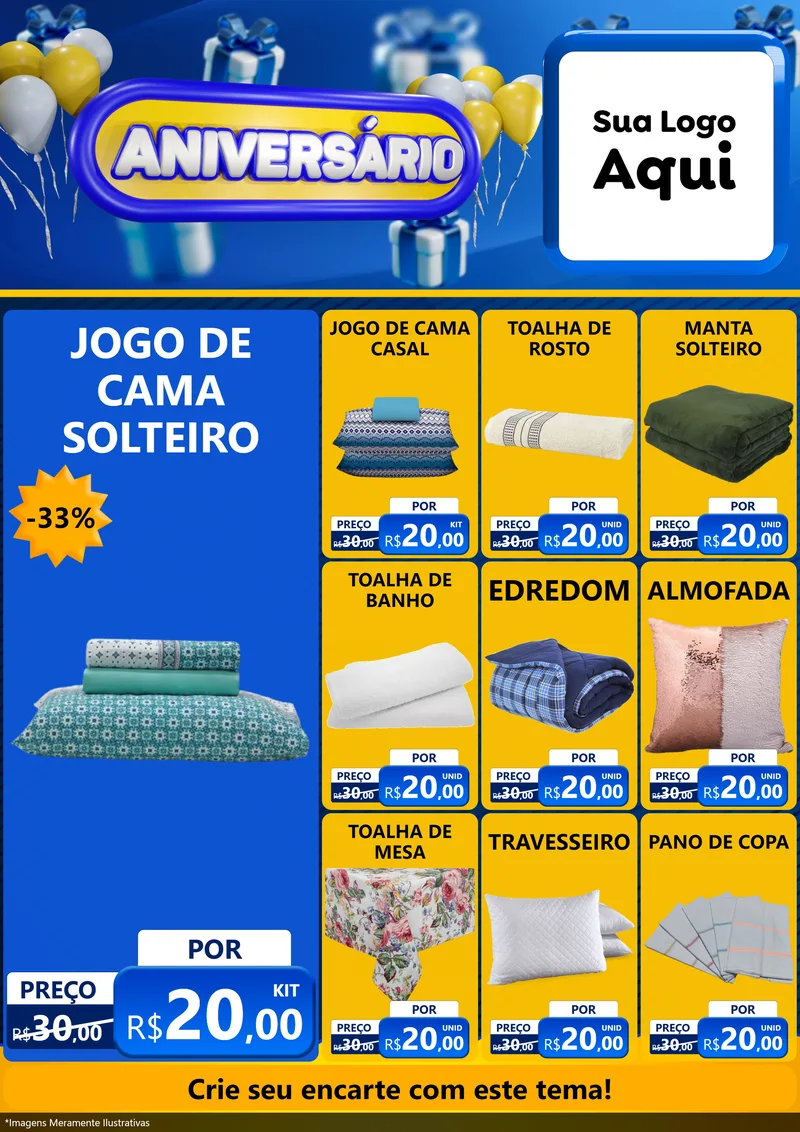Modelo de Encarte para Encarte A4 Vertical com o tema Aniversário para Cama, Mesa e Banho