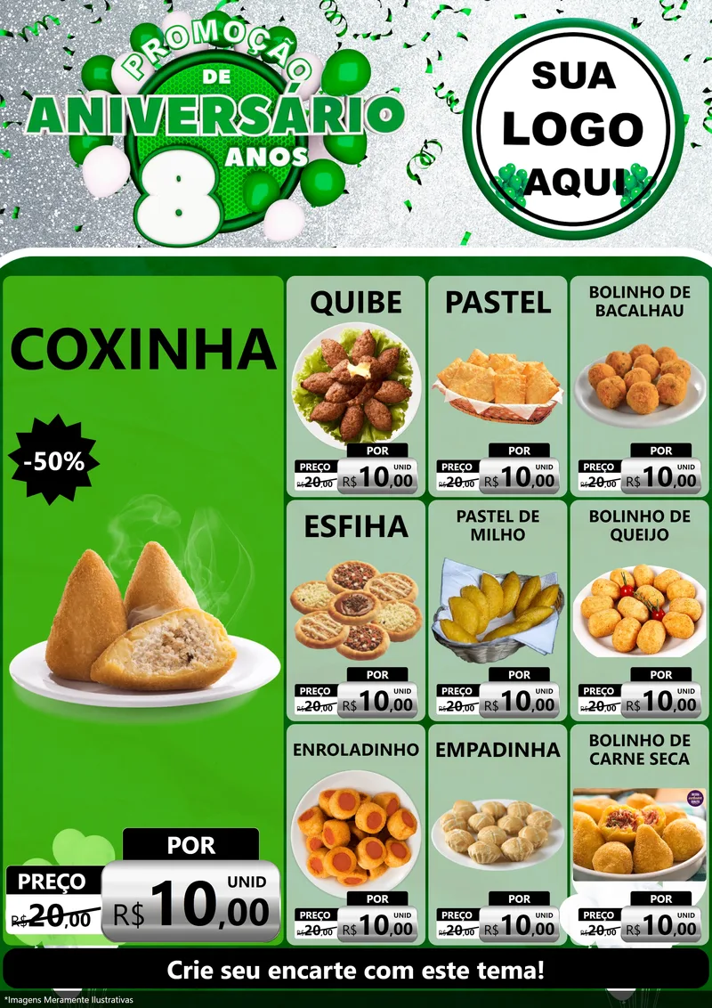 Modelo de Encarte para Encarte A4 Vertical com o tema Promoção de Aniversário - 8 Anos para Salgadaria