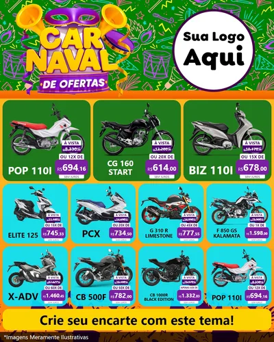 Modelo de Rede Social para Feed Instagram com o tema Carnaval de Ofertas para Concessionaria de Motos