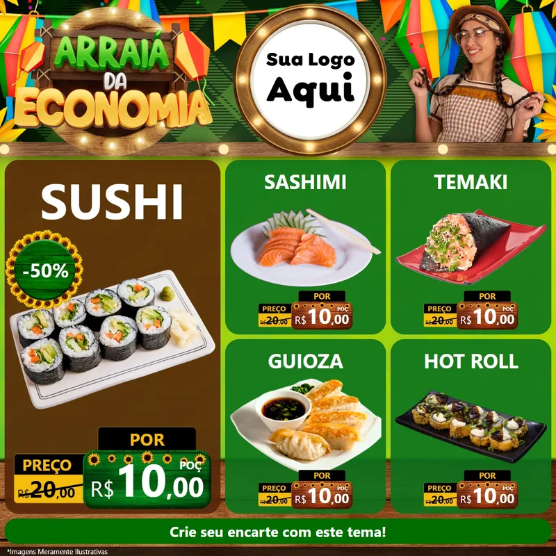 Modelo de Rede Social para Feed Facebook com o tema Arraiá de Economia para Comida japonesa