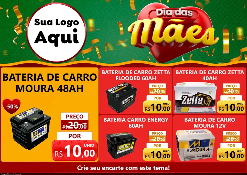 Modelo de Encarte para Encarte A4 Horizontal com o tema Dia das Mães para Baterias Elétricas