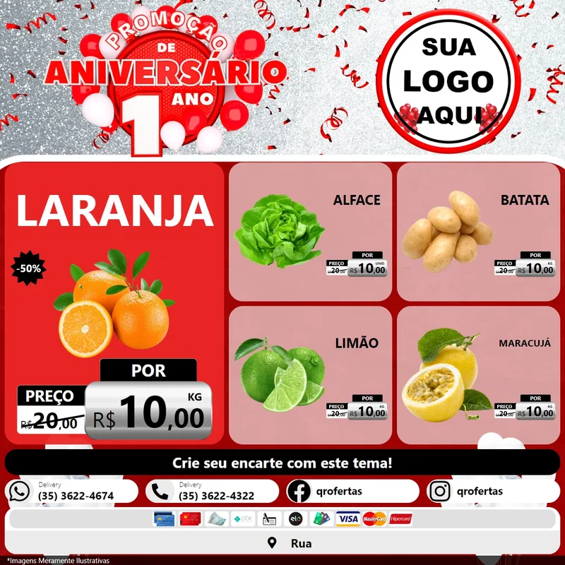 Modelo de Rede Social para Feed Facebook com o tema Promoção de Aniversário - 1 Ano para Hortifrúti