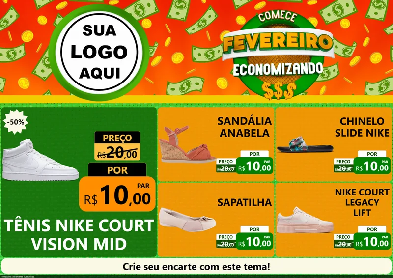 Modelo de Encarte para Encarte A4 Horizontal com o tema Comece Fevereiro Economizando para Calçados