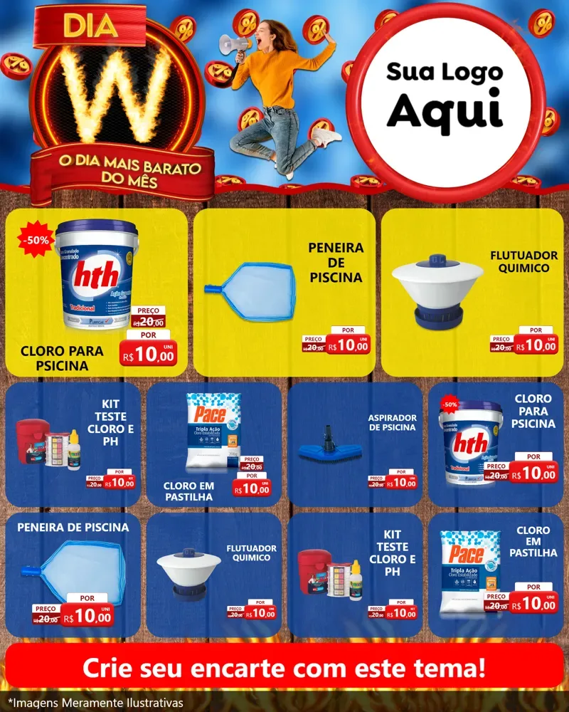 Modelo de Rede Social para Feed Instagram com o tema Dia W - O Dia Mais Barato Do Mês para Produtos para Piscina