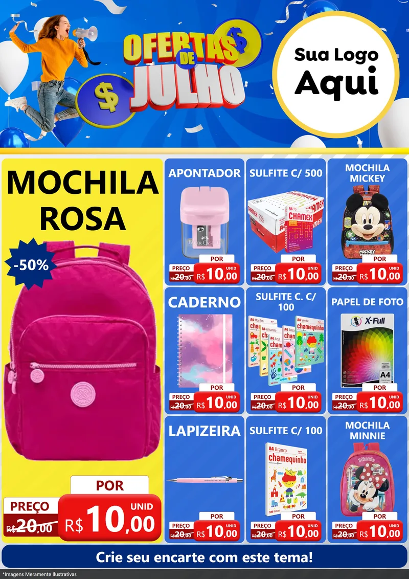 Modelo de Encarte para Encarte A4 Vertical com o tema Ofertas de Julho para Papelaria