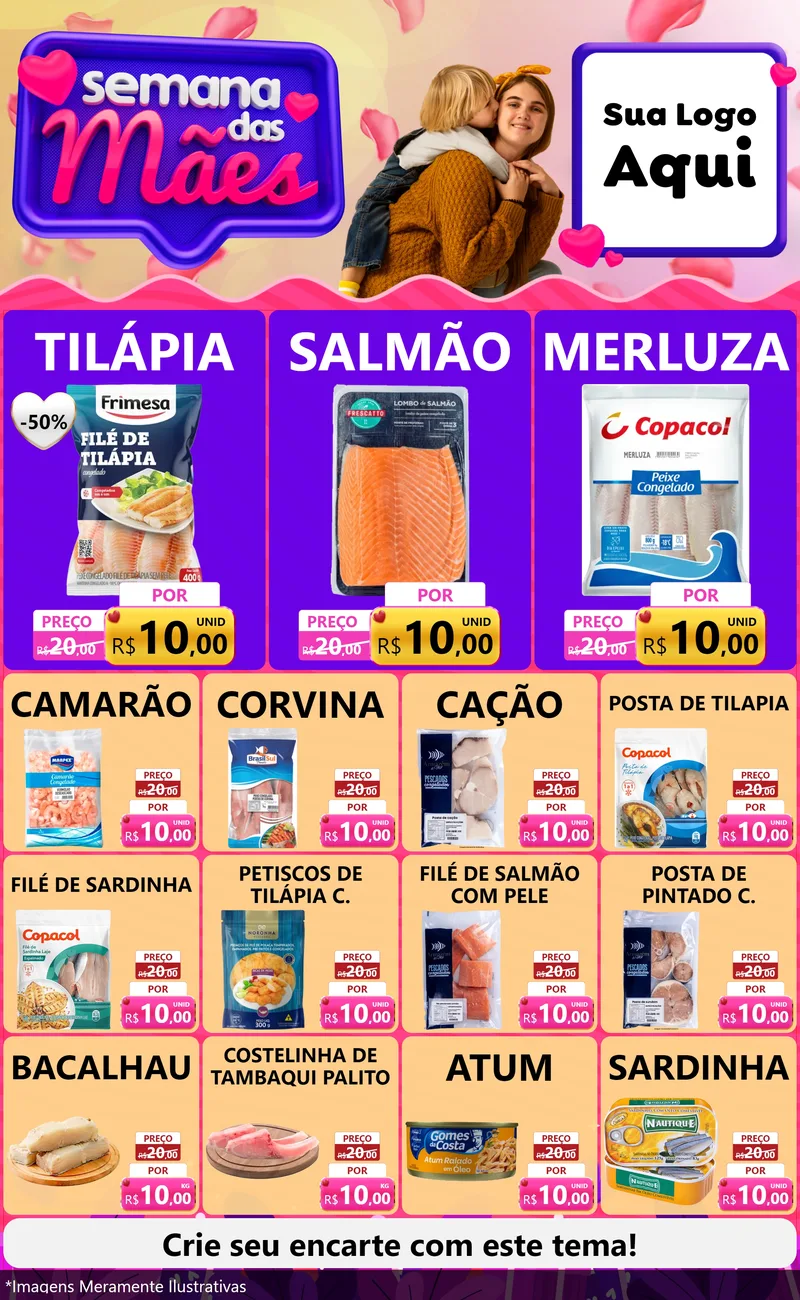 Modelo de Encarte para Encarte Grande com o tema Semana das Mães para Peixaria