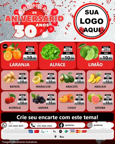 Modelo de Rede Social para Feed Instagram com o tema Promoção de Aniversário - 30 Anos para Hortifrúti