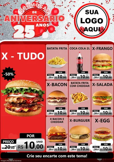 Modelo de Encarte para Encarte A4 Vertical com o tema Promoção de Aniversário - 25Anos para Hamburgueria