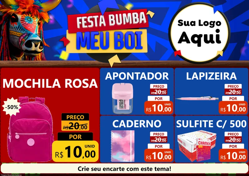 Modelo de Encarte para Encarte A4 Horizontal com o tema Festa Bumba meu Boi para Papelaria