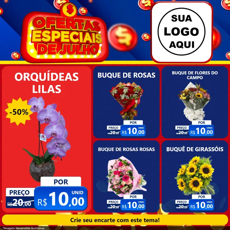 Modelo de Rede Social para Feed Facebook com o tema Ofertas Especiais de Julho para Floricultura e jardim