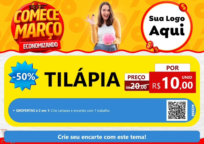 Modelo de Cartaz para Cartaz A4 Horizontal com o tema Comece Março Economizando para Peixaria