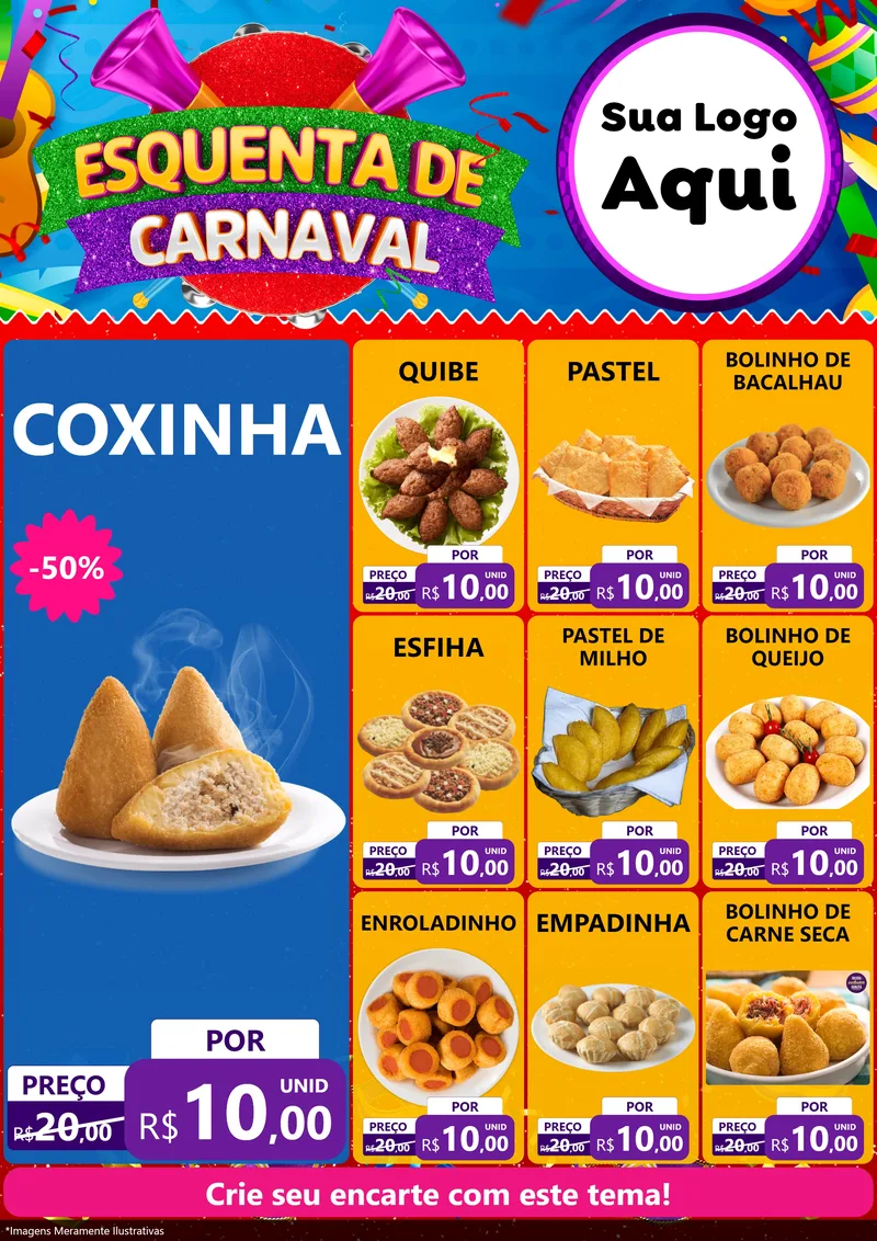Modelo de Encarte para Encarte A4 Vertical com o tema Esquenta de Carnaval para Salgadaria