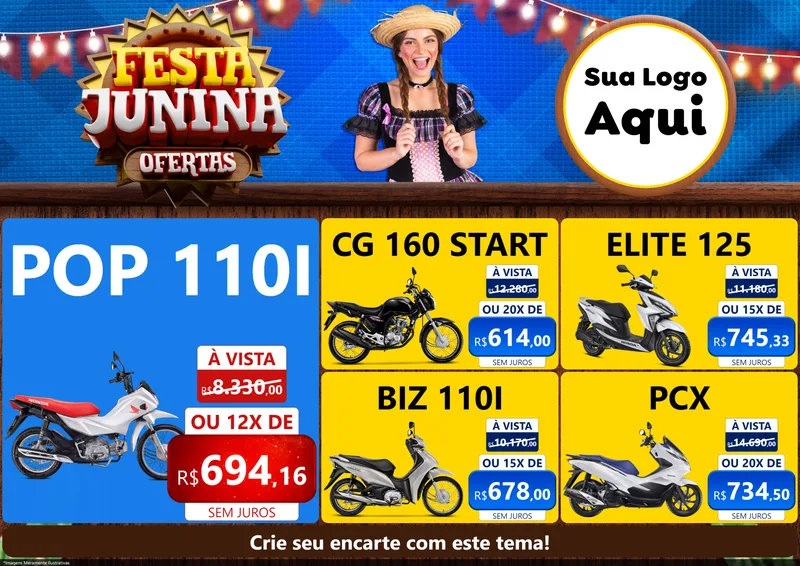 Modelo de Encarte para Encarte A4 Horizontal com o tema Festa Junina Ofertas para Concessionaria de Motos