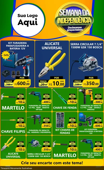 Modelo de Encarte para Encarte Grande com o tema Semana da Independência Declaramos Preços Baixos para Maquinas e Ferramentas
