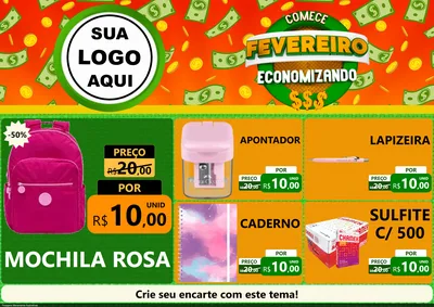 Modelo de Encarte para Encarte A4 Horizontal com o tema Comece Fevereiro Economizando para Papelaria