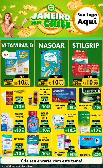 Modelo de Encarte para Encarte Grande com o tema Janeiro Sem Crise para Farmácia