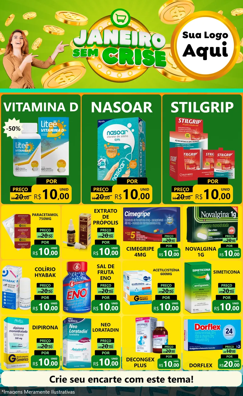Modelo de Encarte para Encarte Grande com o tema Janeiro Sem Crise para Farmácia