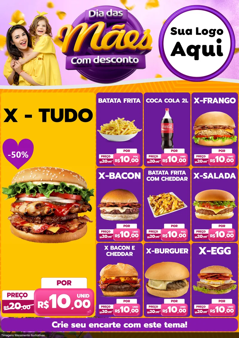 Modelo de Encarte para Encarte A4 Vertical com o tema Dia das Mães com Desconto para Hamburgueria