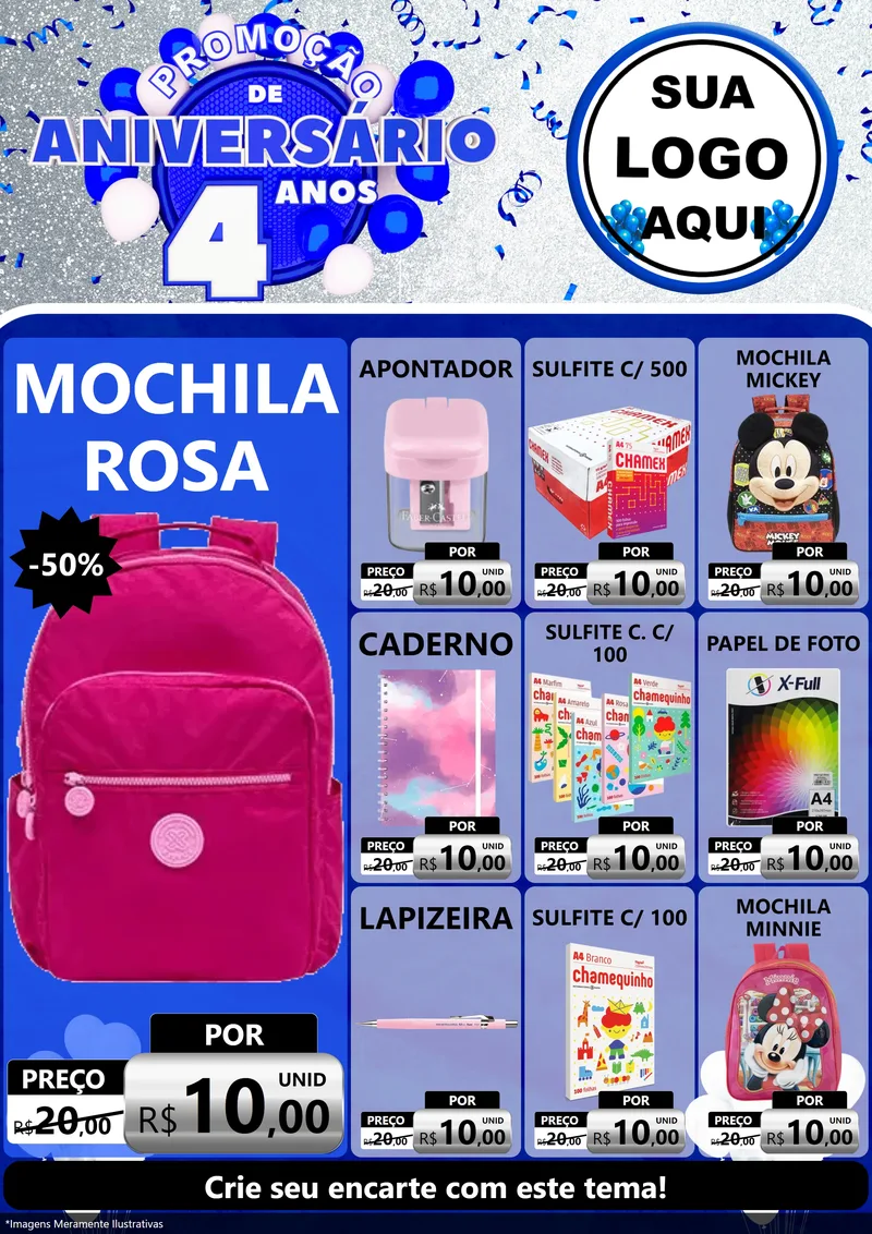 Modelo de Encarte para Encarte A4 Vertical com o tema Promoção de Aniversário - 4 Anos para Papelaria