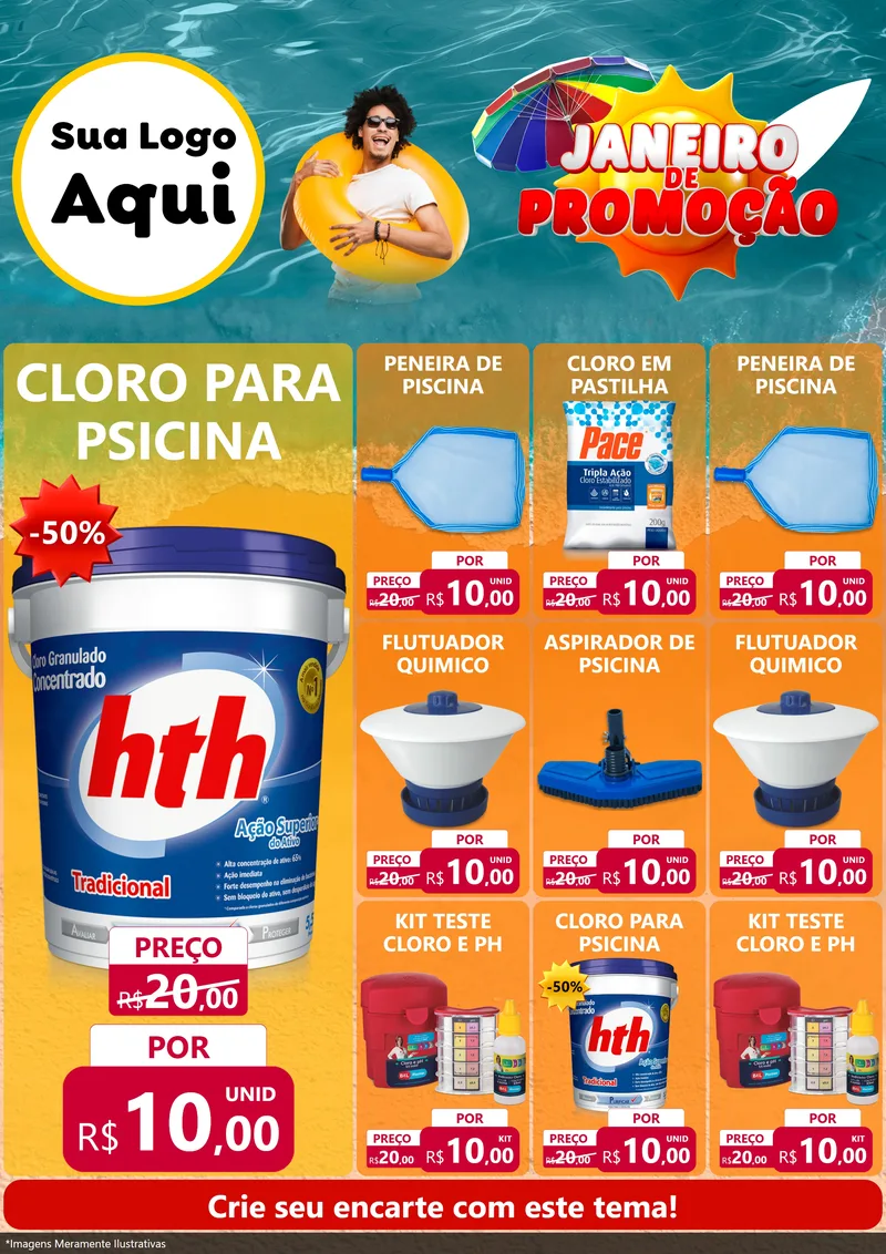 Modelo de Encarte para Encarte A4 Vertical com o tema Janeiro de Promoção para Produtos para Piscina