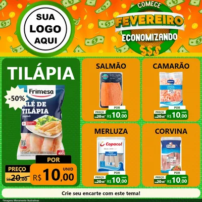 Modelo de Rede Social para Feed Facebook com o tema Comece Fevereiro Economizando para Peixaria