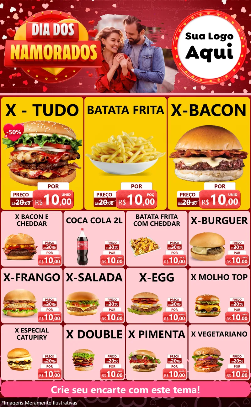 Modelo de Encarte para Encarte Grande com o tema Dia Dos Namorados para Hamburgueria