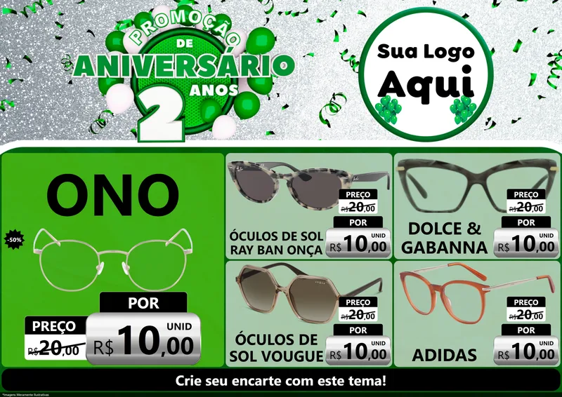 Modelo de Encarte para Encarte A4 Horizontal com o tema Promoção de Aniversário - 2 Anos para Óticas