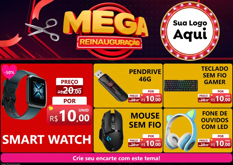 Modelo de Encarte para Encarte A4 Horizontal com o tema Mega Reinauguração para Informática