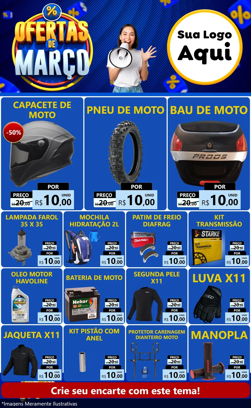 Modelo de Encarte para Encarte Grande com o tema Ofertas de Março para Moto peças