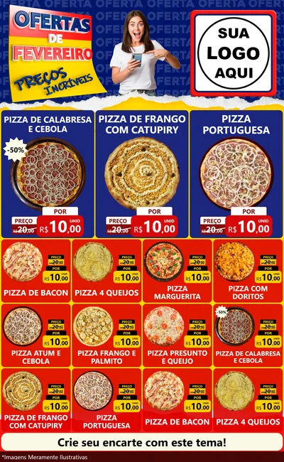 Modelo de Encarte para Encarte Grande com o tema Ofertas de Fevereiro - Preços Incríveis para Pizzaria