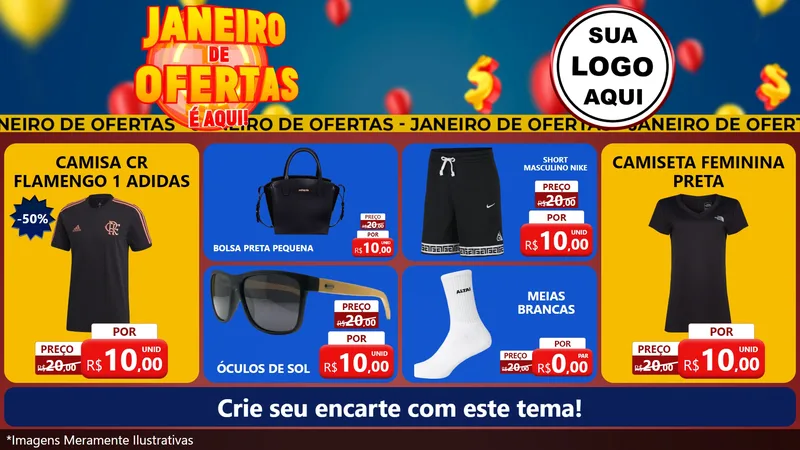 Modelo de TV para TV Horizontal com o tema Janeiro de Ofertas É Aqui! para Roupas e acessórios