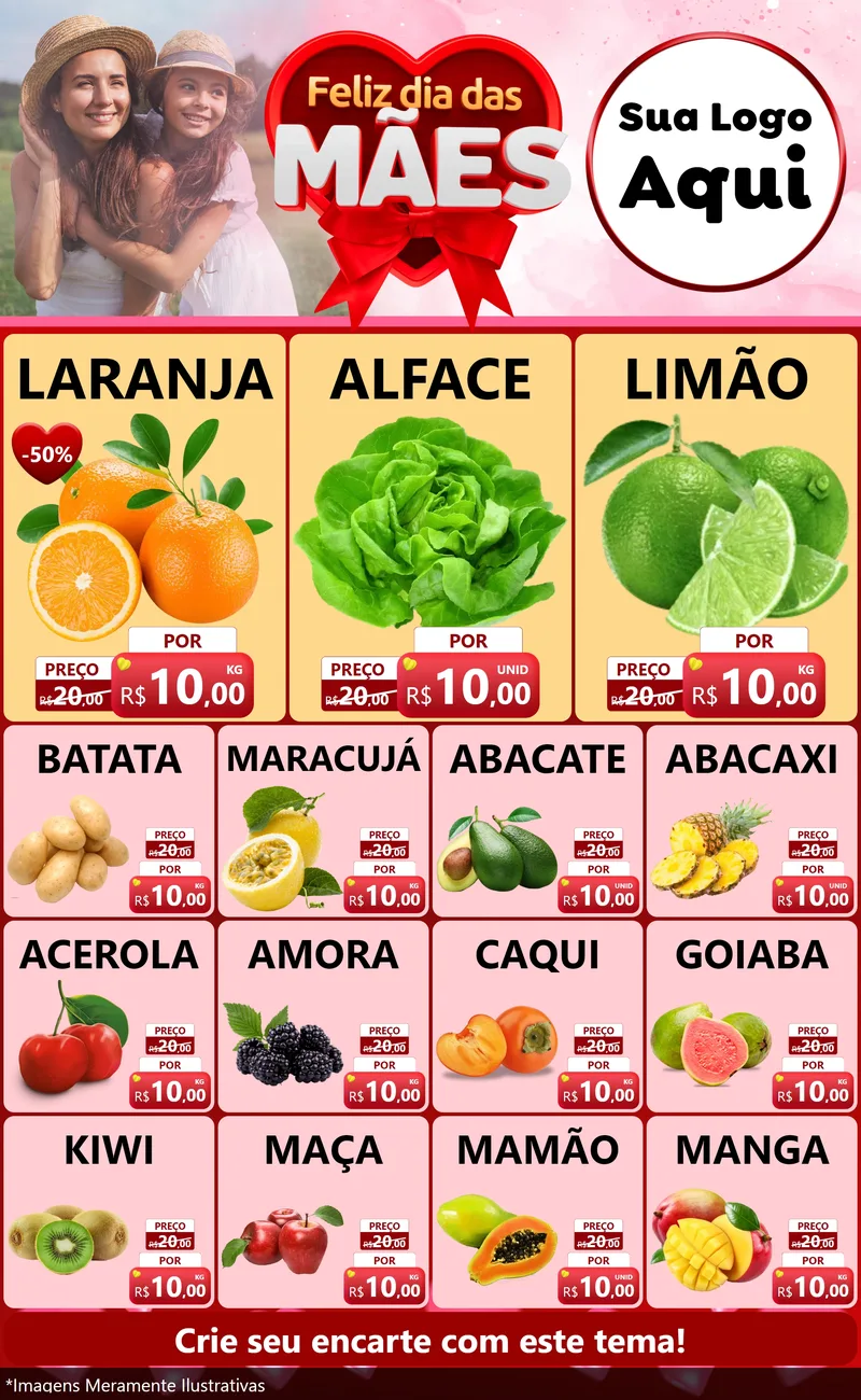 Modelo de Encarte para Encarte Grande com o tema Feliz Dia Das Mães para Hortifrúti