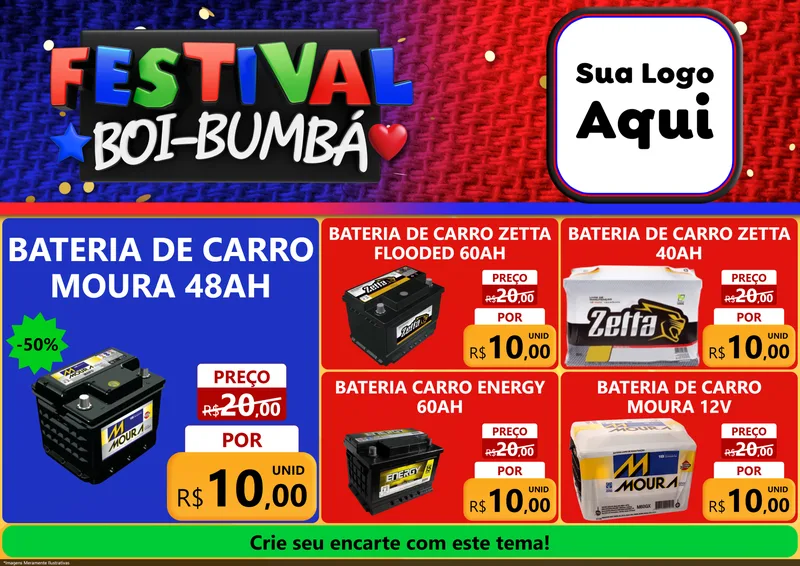 Modelo de Encarte para Encarte A4 Horizontal com o tema Festival Boi-Bumbá para Baterias Elétricas