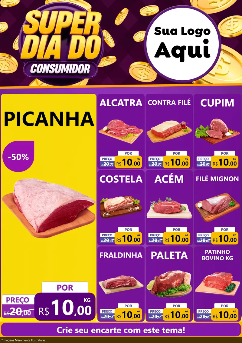 Modelo de Encarte para Encarte A4 Vertical com o tema Super Dia do Consumidor para Açougue
