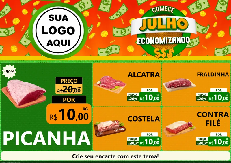 Modelo de Encarte para Encarte A4 Horizontal com o tema Comece Julho Economizando para Açougue