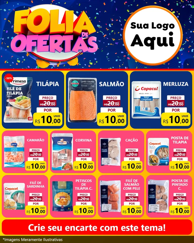 Modelo de Rede Social para Feed Instagram com o tema Folia de Ofertas para Peixaria