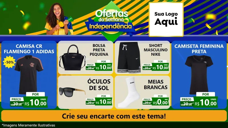 Modelo de TV para TV Horizontal com o tema Ofertas da Semana da Independência para Roupas e acessórios
