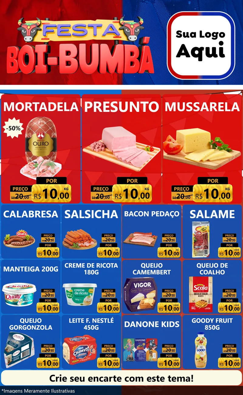 Modelo de Encarte para Encarte Grande com o tema Festa Boi Bumbá para Frios e Laticínios