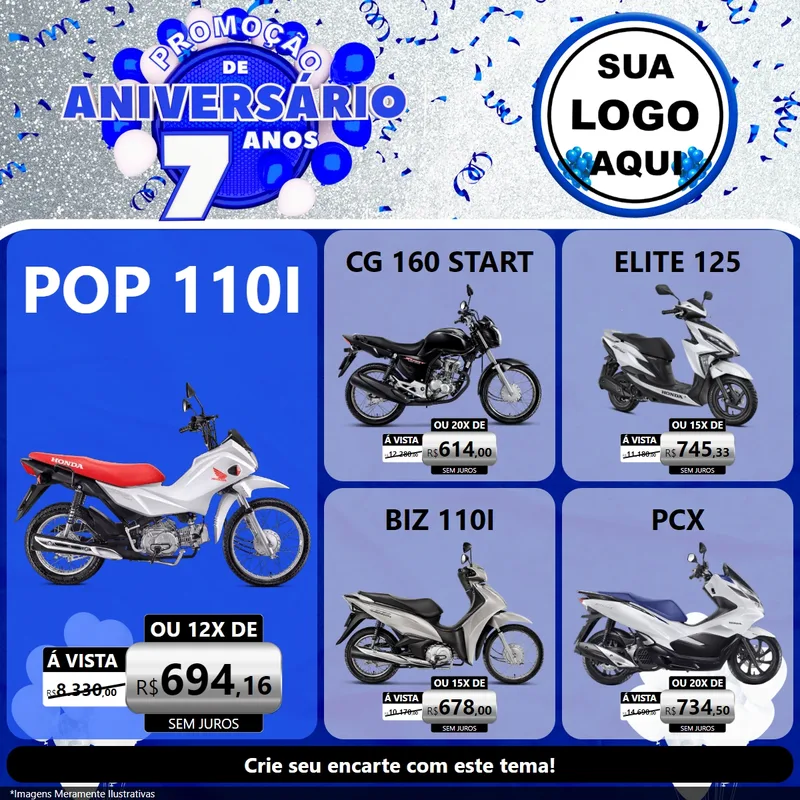 Modelo de Rede Social para Feed Facebook com o tema Promoção de Aniversário - 7 Anos para Concessionaria de Motos