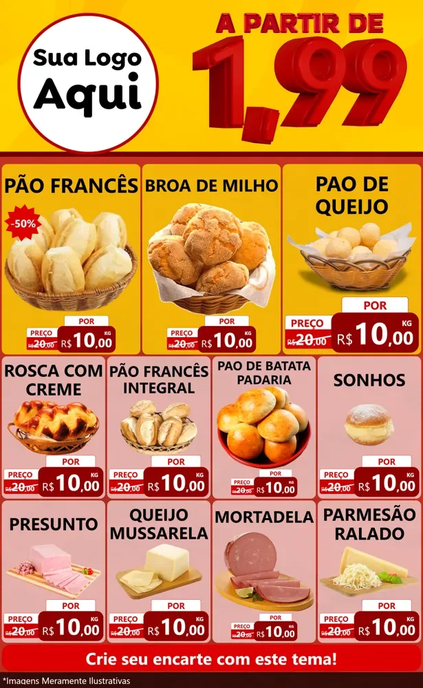 Modelo de Encarte para Encarte Grande com o tema A Partir de Um e Noventa e Nove - 1,99 para Padaria