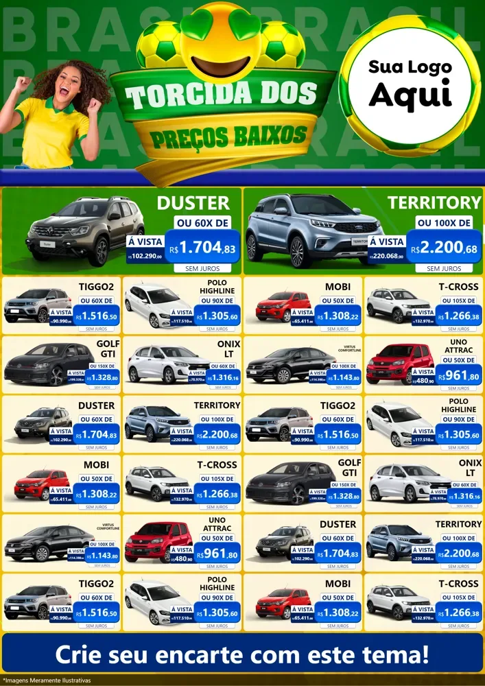 Modelo de Encarte para Encarte A4 Vertical com o tema Torcida dos Preços Baixos - Copa para Concessionaria de Carros