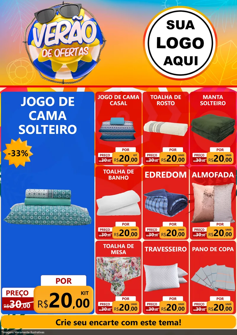 Modelo de Encarte para Encarte A4 Vertical com o tema Verão de Ofertas para Cama, Mesa e Banho
