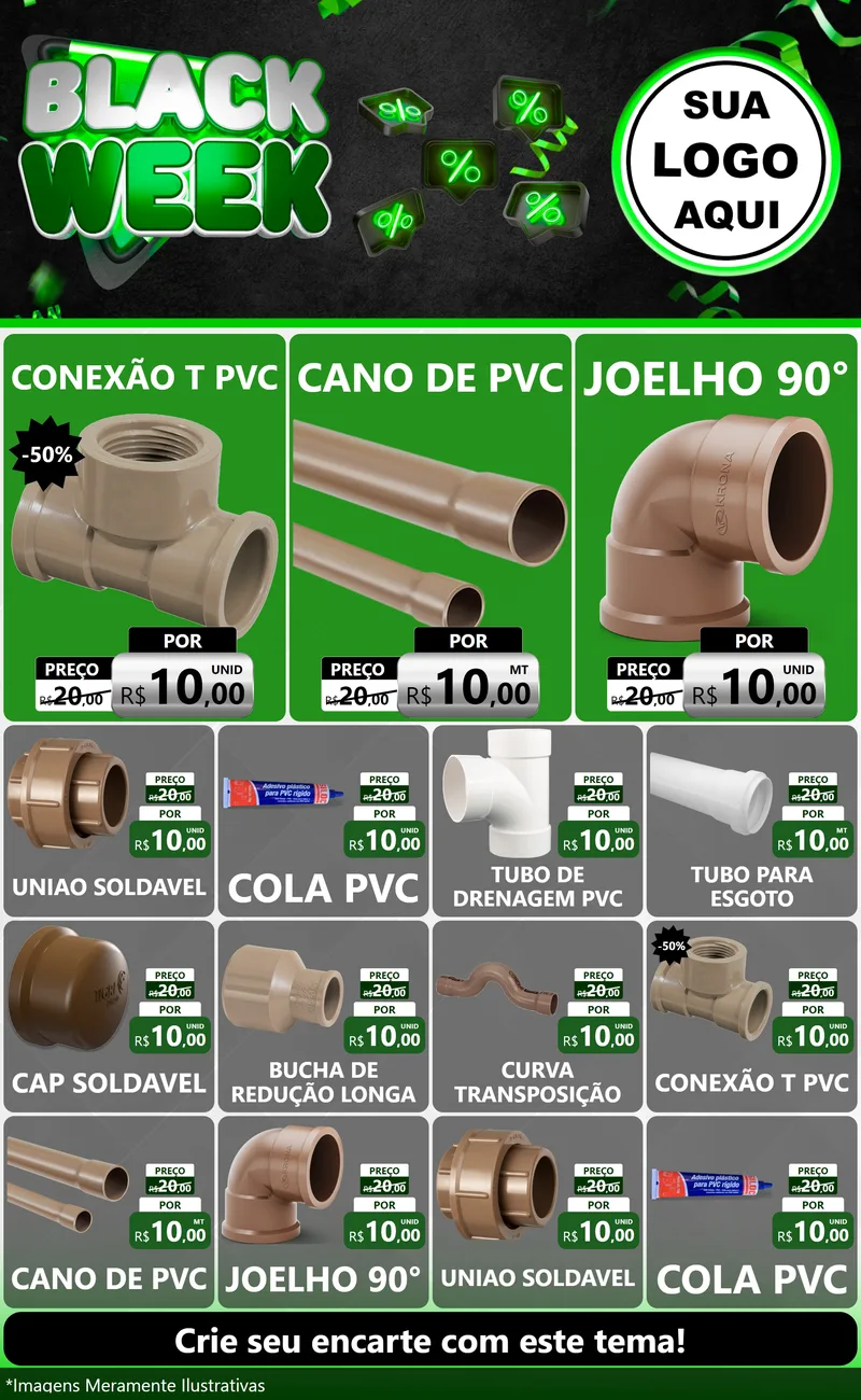 Modelo de Encarte para Encarte Grande com o tema Black Week para Tubos e conexões
