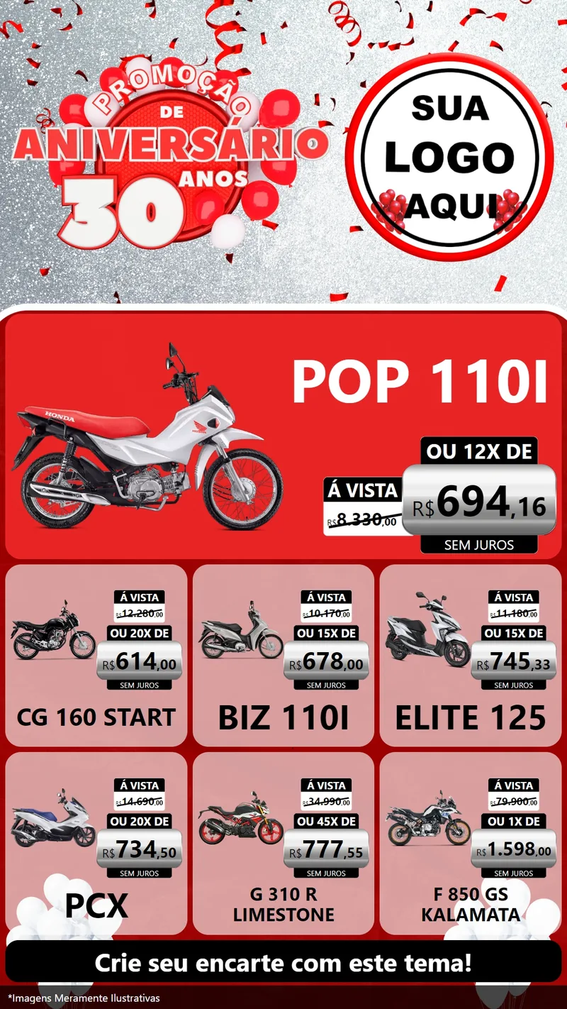 Modelo de Rede Social para Stories com o tema Promoção de Aniversário - 30 Anos para Concessionaria de Motos