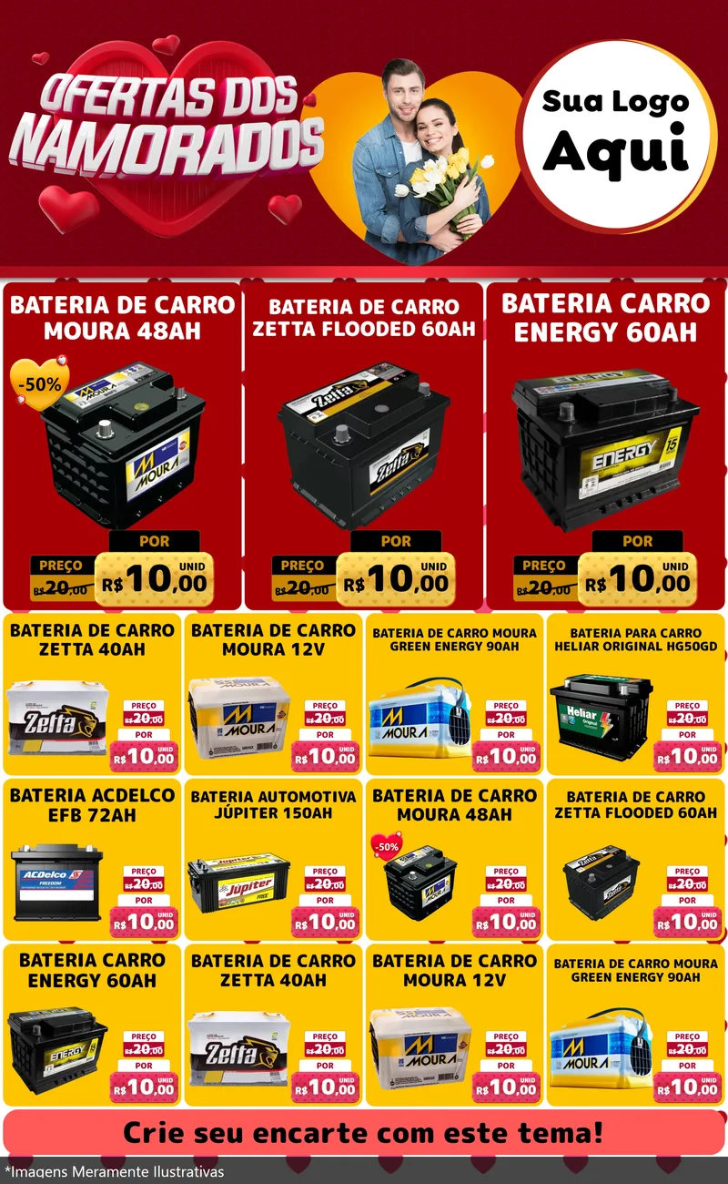 Modelo de Encarte para Encarte Grande com o tema Ofertas Dos Namorados para Baterias Elétricas