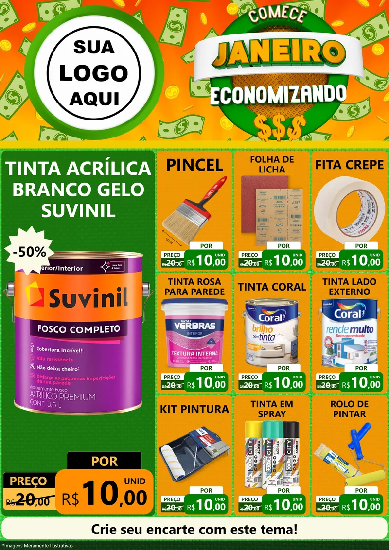 Modelo de Encarte para Encarte A4 Vertical com o tema Comece Janeiro Economizando para Tintas e Ferramentas